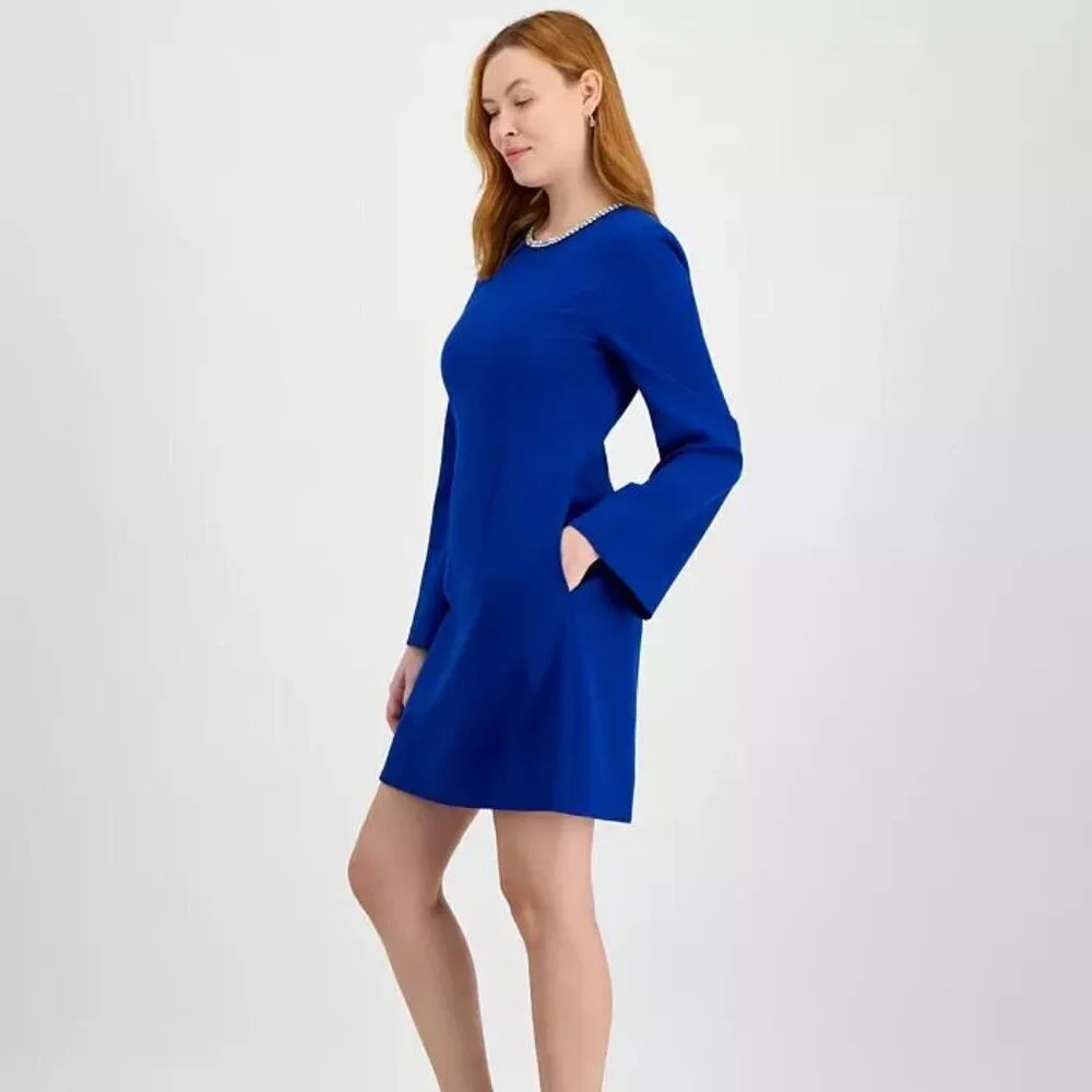 Tahari Cobalt Blue Rhinestone Trim Shift Dress - Size 12 - NWT - Picture 4 of 5